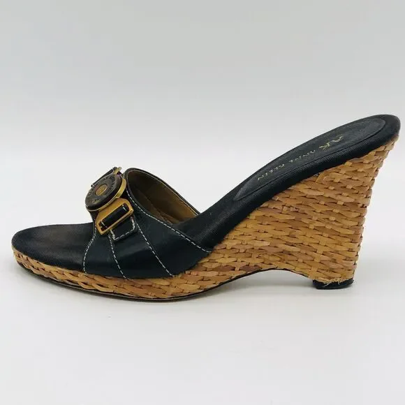 Anne Klein Wedge Sandal 7.5 Black Leather Straw Women AKHagan - Picture 6 of 15